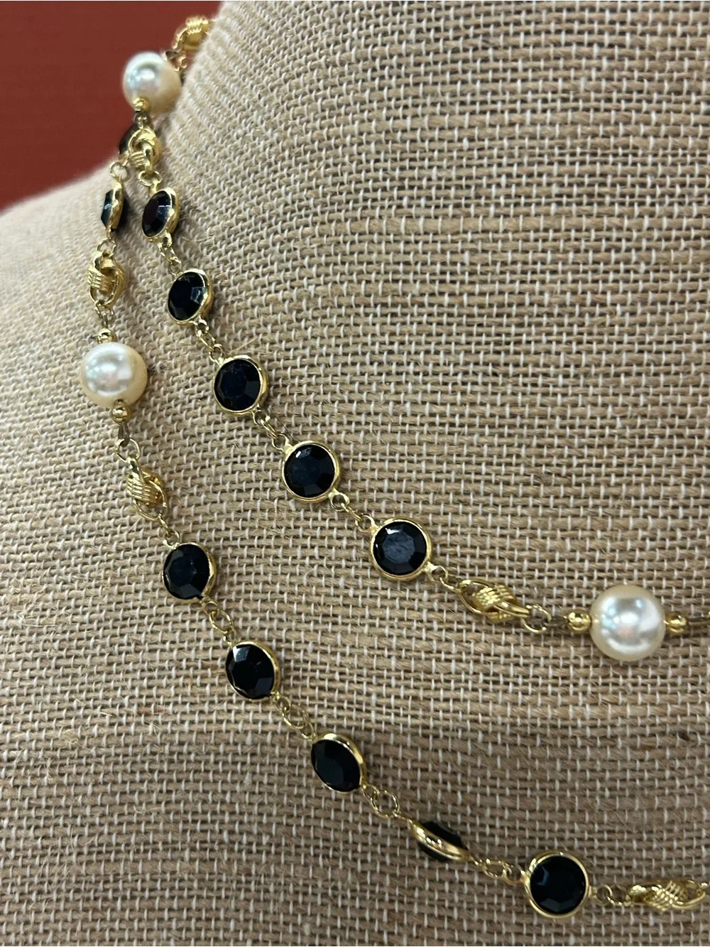 Gorgeous vintage Swarovski long layering necklace black crystal and faux pearls.